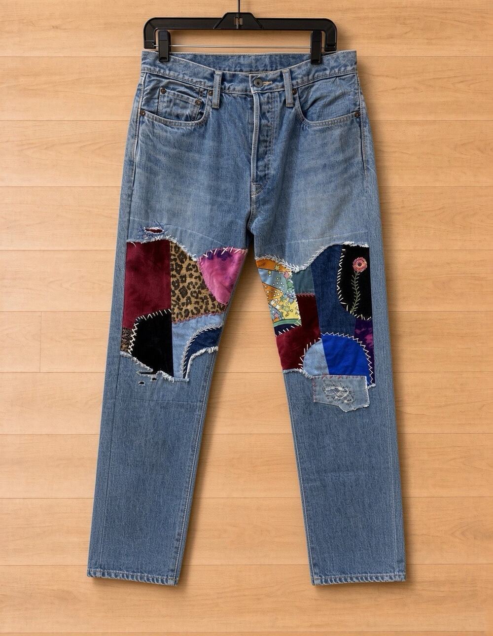 Kapital Men's Blue Denim Cotton Jeans Straight Fit Mid Rise Button Fly Logo